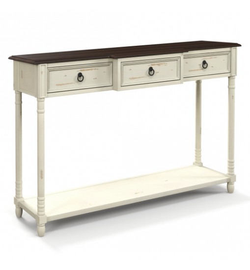 52 Inch Farmhouse Console Table with 3 Drawers and Open Storage Shelf for Hallway