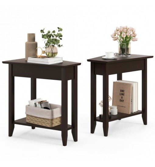 2-Tier Wedge Narrow End Table with Storage Shelf and Solid Wood Legs-Espresso