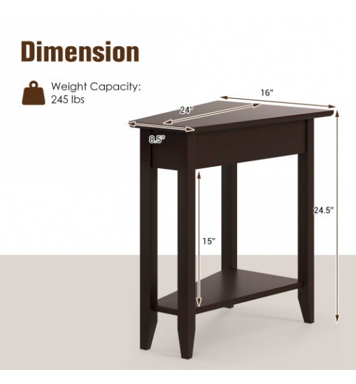 2-Tier Wedge Narrow End Table with Storage Shelf and Solid Wood Legs-Espresso