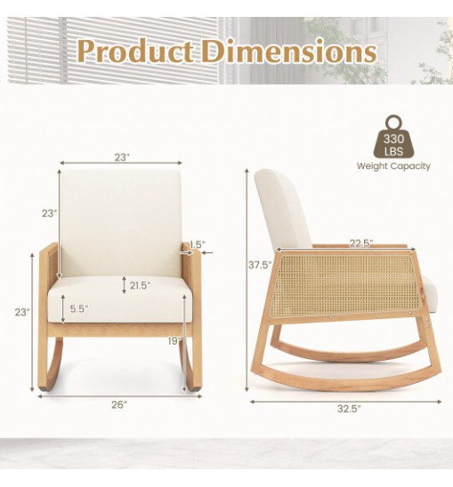 Rocking Chair with Rattan Armrests and Upholstered Cushion-Beige