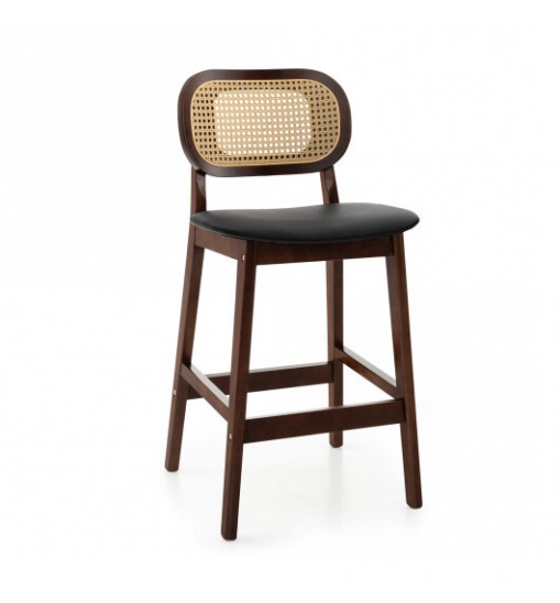 Wood Bar Chairs with PE Rattan Backrest  Padded Seat and Footrest-Brown