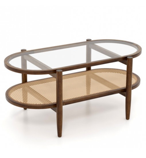 2-Tier Coffee Table with Tempered Glass Tabletop and Acacia Wood Frame