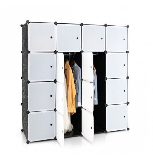 16-Cube Storage Organizer with 16 Doors and 2 Hanging Rods-Black