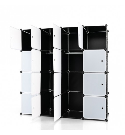 16-Cube Storage Organizer with 16 Doors and 2 Hanging Rods-Black