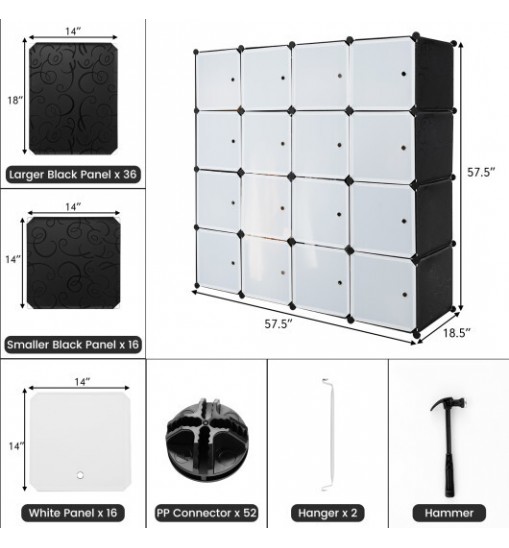 16-Cube Storage Organizer with 16 Doors and 2 Hanging Rods-Black