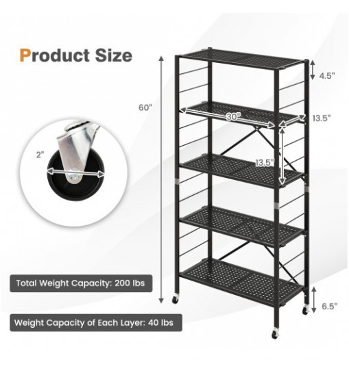 5-Tier Adjustable Shelves with Wheels for Garage Kitchen Balcony