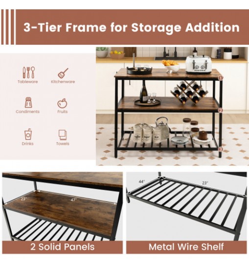 3 Shelves Kitchen Island Industrial Prep Table with Bottom Wine Rack-Rustic Brown