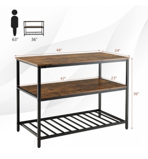 3 Shelves Kitchen Island Industrial Prep Table with Bottom Wine Rack-Rustic Brown