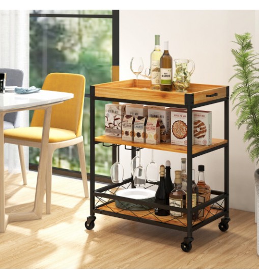 3 Tiers Industrial Bar Serving Cart with Utility Shelf and Handle Racks-Natural