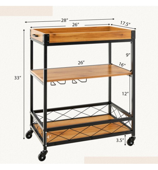 3 Tiers Industrial Bar Serving Cart with Utility Shelf and Handle Racks-Natural