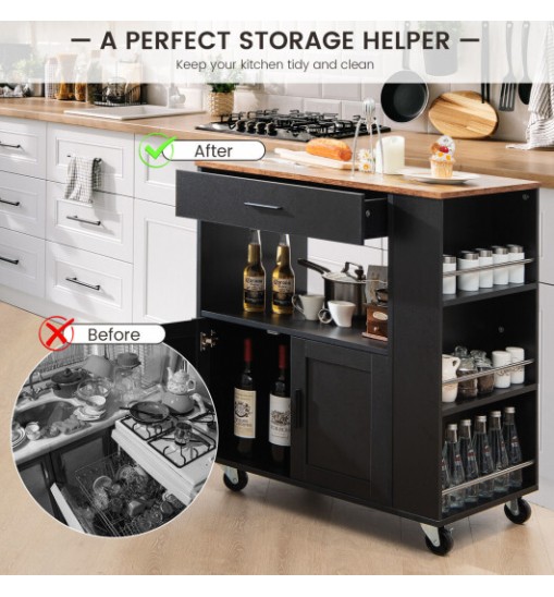 Rolling Kitchen Trolley with 3 Spice Racks Drawer and Open Shelf-Black