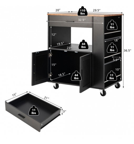 Rolling Kitchen Trolley with 3 Spice Racks Drawer and Open Shelf-Black