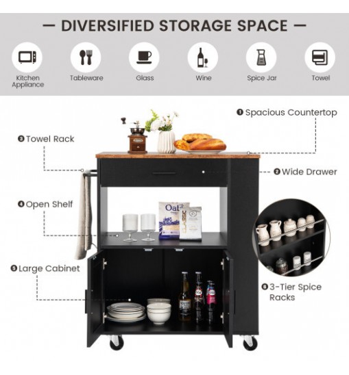 Rolling Kitchen Trolley with 3 Spice Racks Drawer and Open Shelf-Black