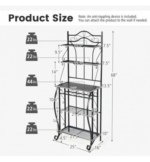 5-Tier Metal Kitchen Baker's Rack with 5 Wine Bottles Rack