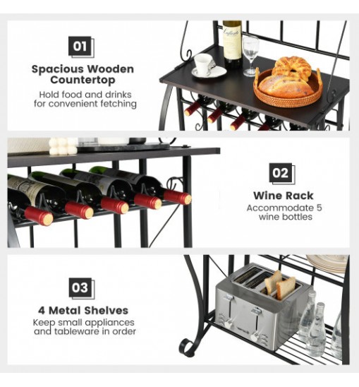 5-Tier Metal Kitchen Baker's Rack with 5 Wine Bottles Rack