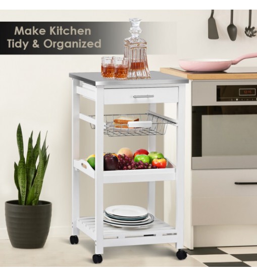 Kitchen Island Cart with Stainless Steel Tabletop and Basket-White