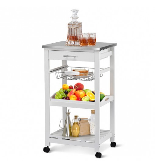 Kitchen Island Cart with Stainless Steel Tabletop and Basket-White