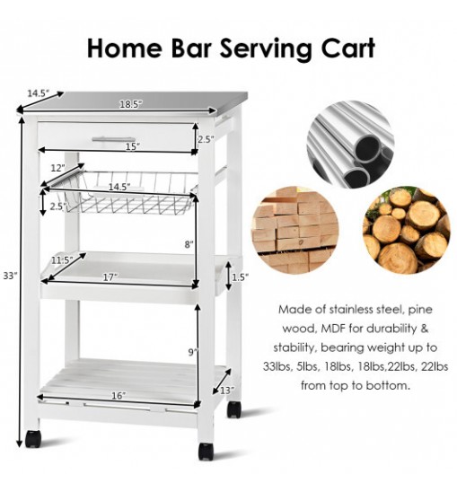 Kitchen Island Cart with Stainless Steel Tabletop and Basket-White