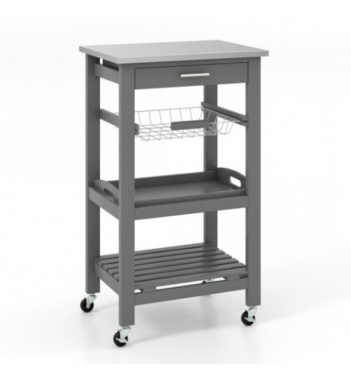 Kitchen Island Cart with Stainless Steel Tabletop and Basket-White