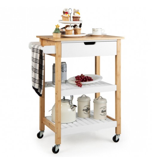 3-Tier Kitchen Island Cart Rolling Service Trolley with Bamboo Top-White