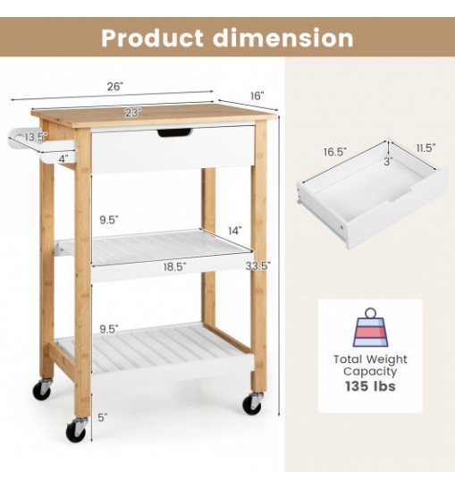 3-Tier Kitchen Island Cart Rolling Service Trolley with Bamboo Top-White