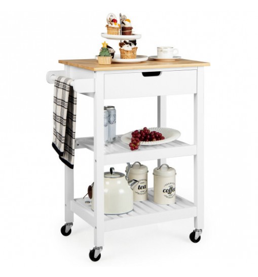 3-Tier Kitchen Island Cart Rolling Service Trolley with Bamboo Top-White