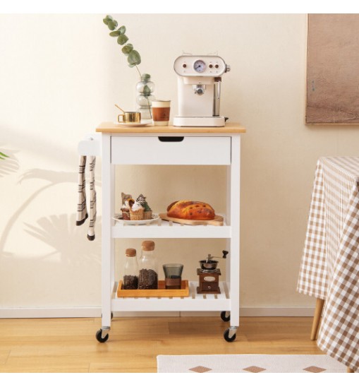 3-Tier Kitchen Island Cart Rolling Service Trolley with Bamboo Top-White