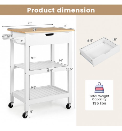 3-Tier Kitchen Island Cart Rolling Service Trolley with Bamboo Top-White