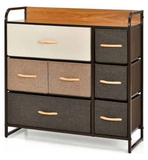 7 Drawer Tower Steel Frame and Wooden Top Dresser Storage Chest for Bedroom