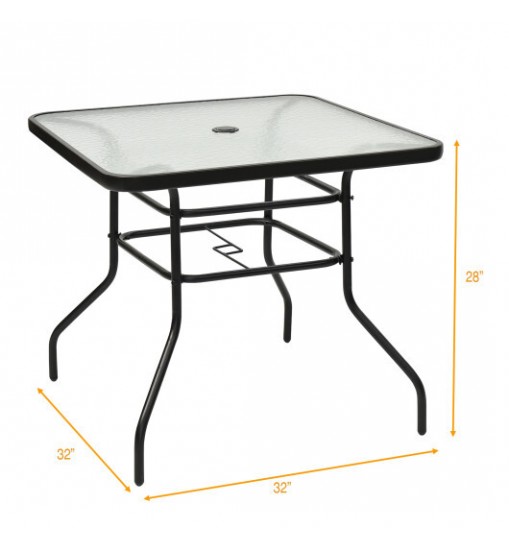 32 Inch Patio Tempered Glass Steel Frame Square Table