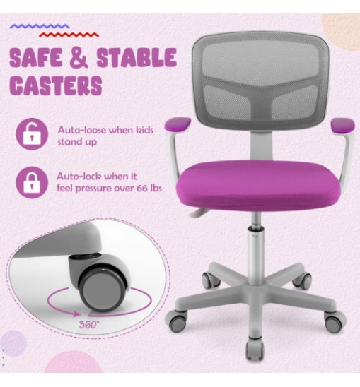 Adjustable Desk Chair with Auto Brake Casters for Kids-Purple