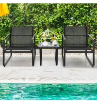 3 Pieces Patio Bistro Furniture Set with Glass Top Table Garden Deck-Black