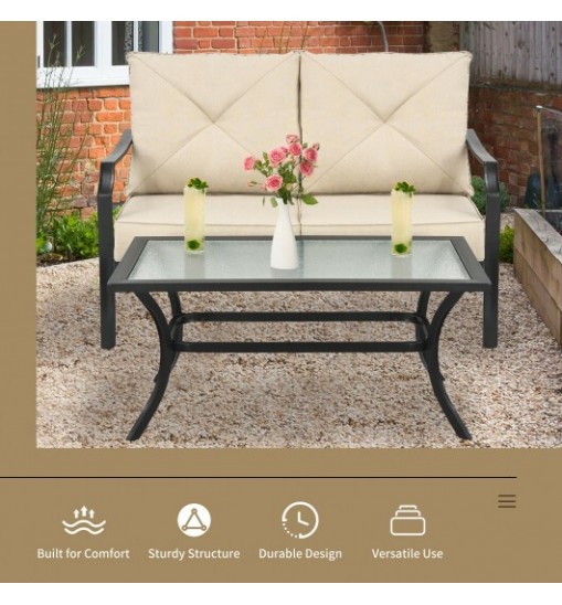 2 Pieces Patio Outdoor Cushioned  Sofa Bench with Coffee Table-Beige