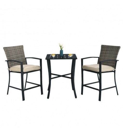 3 Pieces Patio Rattan Bar Furniture Set with Slat Table and 2 Cushioned Stools-Gray