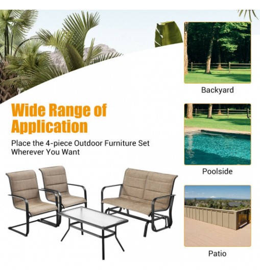 4 Pieces Outdoor Patio Furniture Set with Padded Glider Loveseat and Coffee Table-Brown