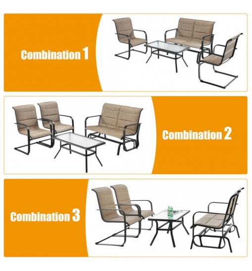 4 Pieces Outdoor Patio Furniture Set with Padded Glider Loveseat and Coffee Table-Brown