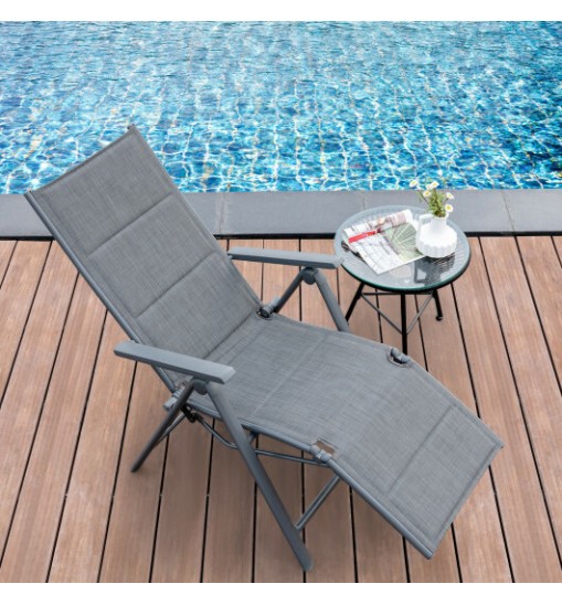 Aluminum Frame Adjustable Outdoor Foldable Reclining Padded Chair-Gray