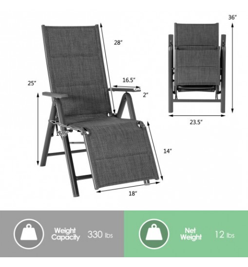 Aluminum Frame Adjustable Outdoor Foldable Reclining Padded Chair-Gray