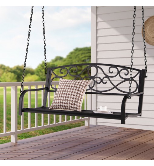 Outdoor 2-Person Metal Porch Swing Chair with Chains-Brown