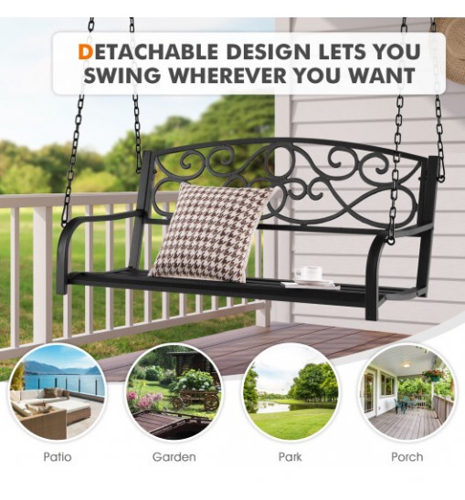 Outdoor 2-Person Metal Porch Swing Chair with Chains-Brown