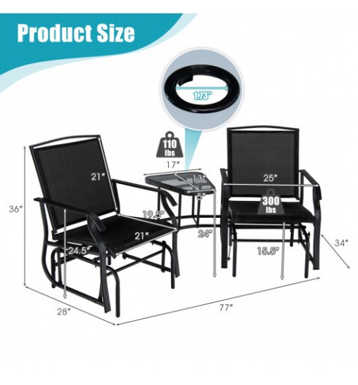 Double Swing Glider Rocker Chair set with Glass Table-Black