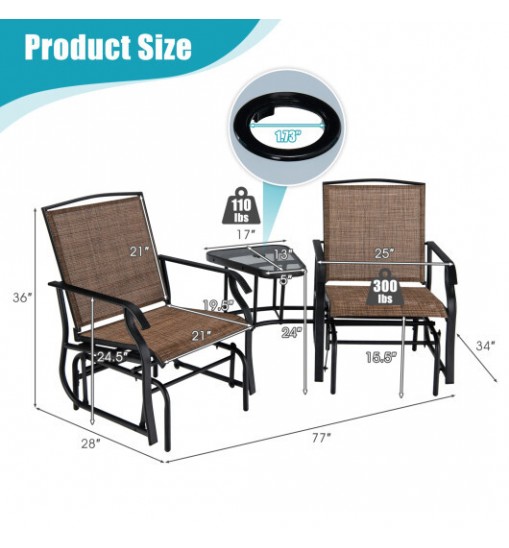 Double Swing Glider Rocker Chair set with Glass Table-Black