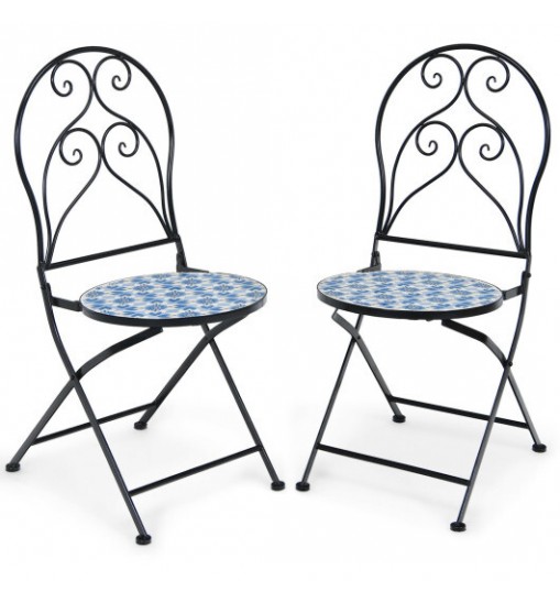 2 Pieces Patio Folding Mosaic Bistro Chairs with Blue Floral Pattern