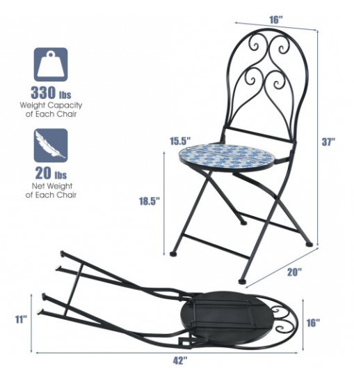 2 Pieces Patio Folding Mosaic Bistro Chairs with Blue Floral Pattern