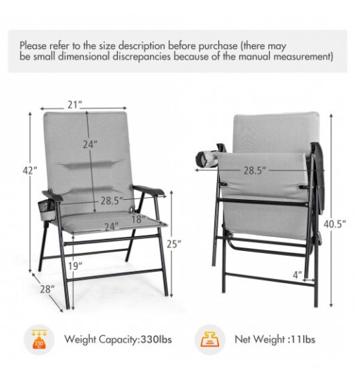 2 Pieces Patio Padded Folding Portable Chair Camping Dining Outdoor-Gray