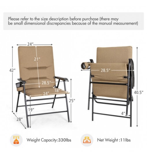 2 Pieces Patio Padded Folding Portable Chair Camping Dining Outdoor-Gray