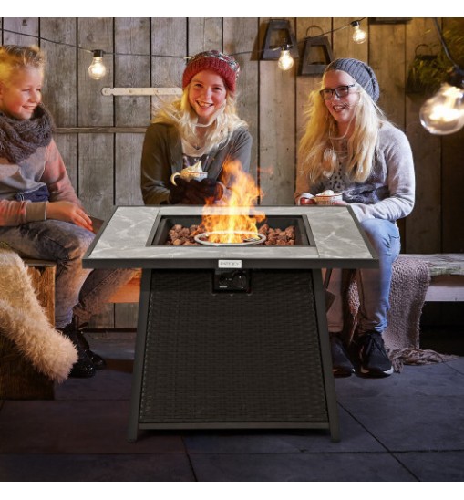 35 Inch Propane Gas Fire Pit Table Wicker Rattan with Lava Rocks PVC Cover-Black