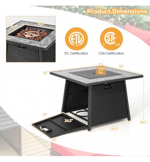 35 Inch Propane Gas Fire Pit Table Wicker Rattan with Lava Rocks PVC Cover-Black