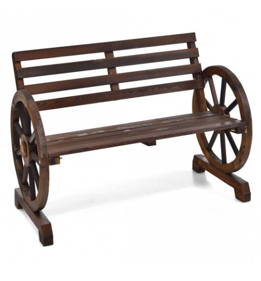 2-Person Outdoor Wooden Wagon Wheel Garden Bench-Brown