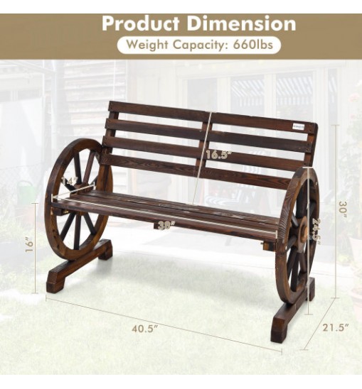 2-Person Outdoor Wooden Wagon Wheel Garden Bench-Brown